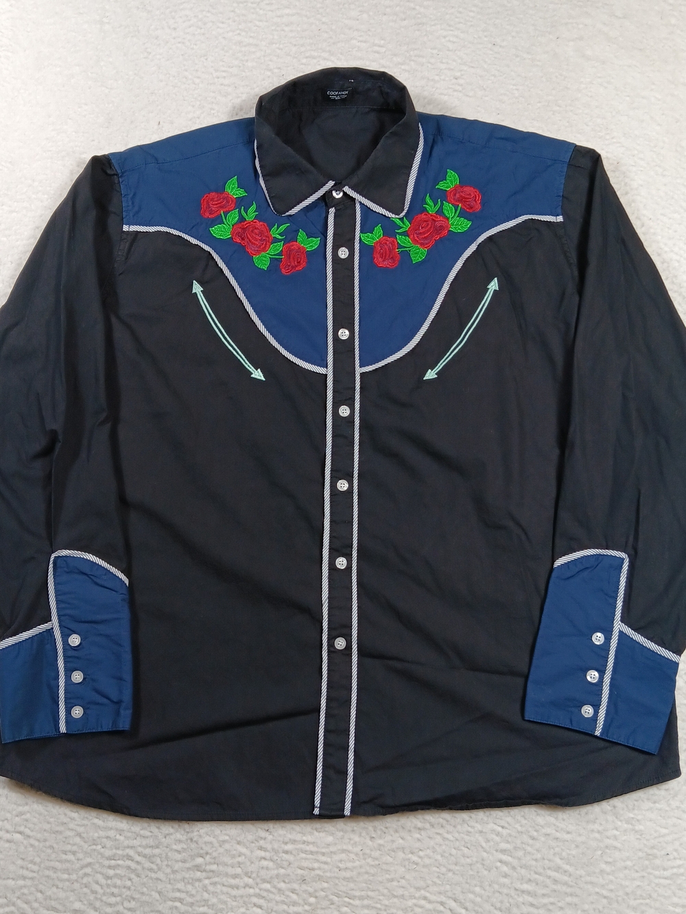 Coofandy Shirt Mens XXL Black Rose Embroidered Western Rockabilly Yoke Smile